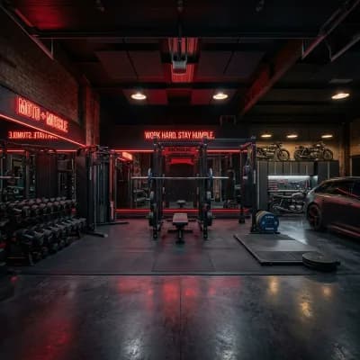 Commercial home gym setup with heavy rack and barbell