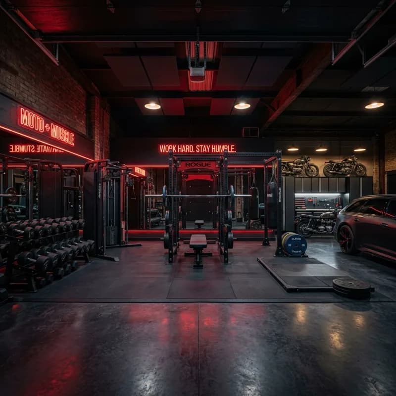 Commercial home gym setup with heavy rack and barbell