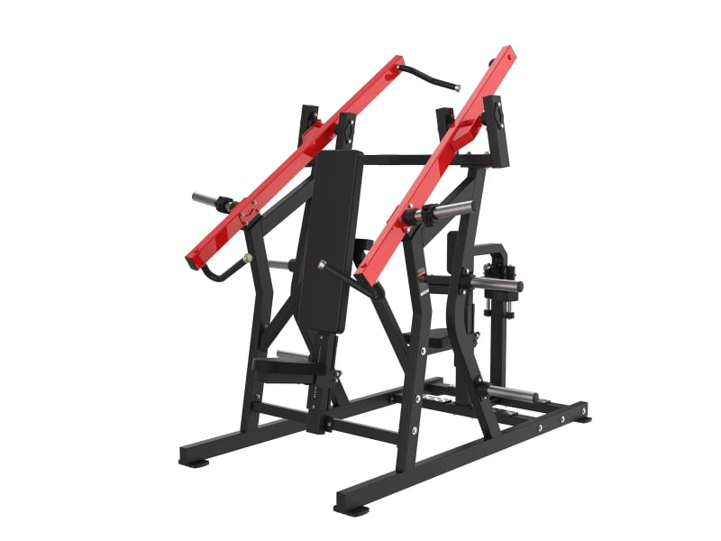 PrimePower PPF-HM98 dual-station chest press and lat pulldown, black frame with red lever arms PrimePower PPF-HM98 dual-station chest press and lat pulldown, black frame with red lever arms