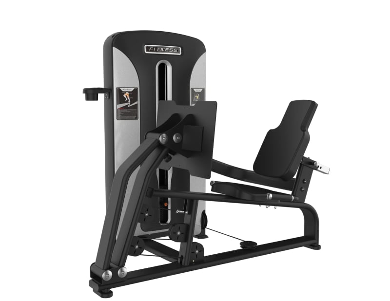PrimePower PPF-K803 seated leg press, matte black frame, black and silver-grey shroud, black upholstery PrimePower PPF-K803 seated leg press, matte black frame, black and silver-grey shroud, black upholstery
