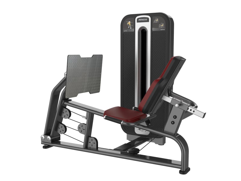 PrimePower PPF-K603 seated leg press, gunmetal grey frame, black shroud with silver trim, burgundy upholstery PrimePower PPF-K603 seated leg press, gunmetal grey frame, black shroud with silver trim, burgundy upholstery
