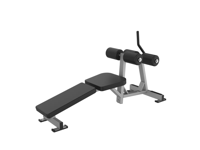 PrimePower PPF-HY46 decline sit-up bench, silver-grey frame with angled black pad and foot rollers PrimePower PPF-HY46 decline sit-up bench, silver-grey frame with angled black pad and foot rollers