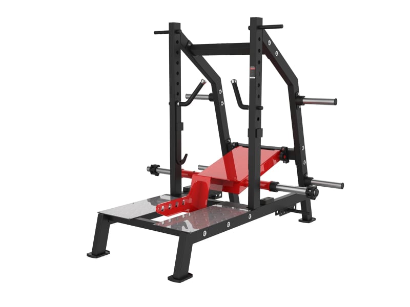 Belt squat à disques PrimePower PPF-HM97, cadre noir, levier rouge et plateforme en tôle larmée Belt squat à disques PrimePower PPF-HM97, cadre noir, levier rouge et plateforme en tôle larmée