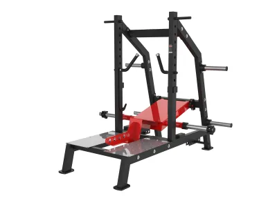 Belt squat à disques PrimePower PPF-HM97, cadre noir, levier rouge et plateforme en tôle larmée Belt squat à disques PrimePower PPF-HM97, cadre noir, levier rouge et plateforme en tôle larmée