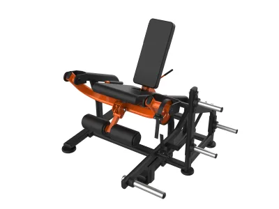 PrimePower PPF-T-LE-0009 plate-loaded seated leg extension, black frame with orange leg arms
