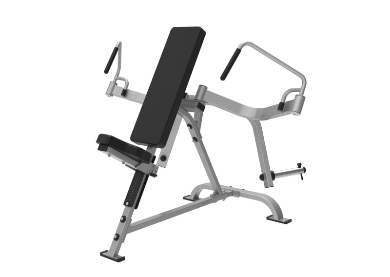 Écarté incliné à disques PrimePower PPF-HY64, cadre gris argent et bras courbés Écarté incliné à disques PrimePower PPF-HY64, cadre gris argent et bras courbés