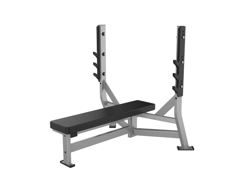PrimePower PPF-HY43 Olympic flat bench, silver-grey uprights with bar catches and black pad PrimePower PPF-HY43 Olympic flat bench, silver-grey uprights with bar catches and black pad