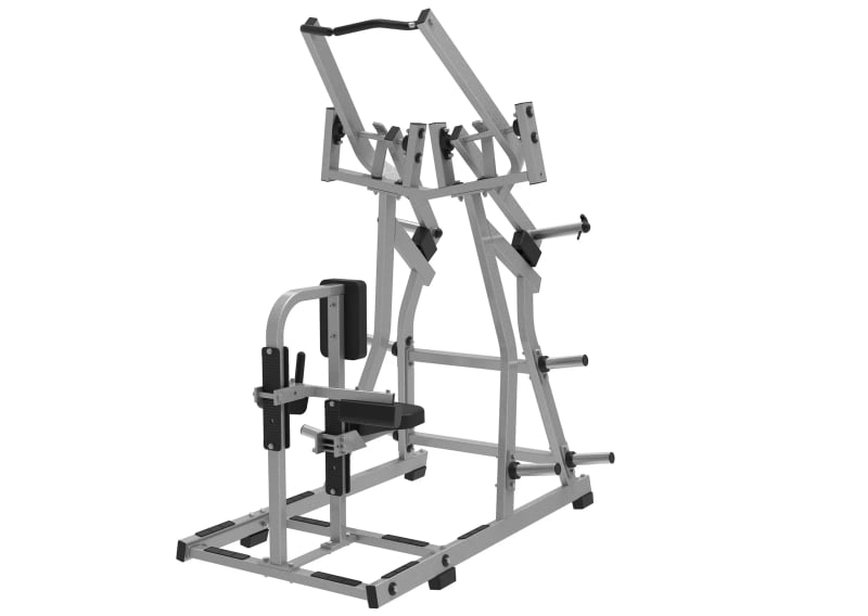 PrimePower PPF-HY94 plate-loaded front lat pulldown, silver-grey frame with black seat and thigh pads PrimePower PPF-HY94 plate-loaded front lat pulldown, silver-grey frame with black seat and thigh pads