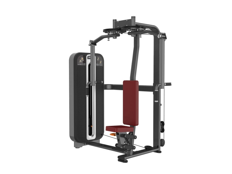 PrimePower PPF-K607 pec fly / rear delt, gunmetal grey frame, black shroud with silver trim, burgundy upholstery PrimePower PPF-K607 pec fly / rear delt, gunmetal grey frame, black shroud with silver trim, burgundy upholstery