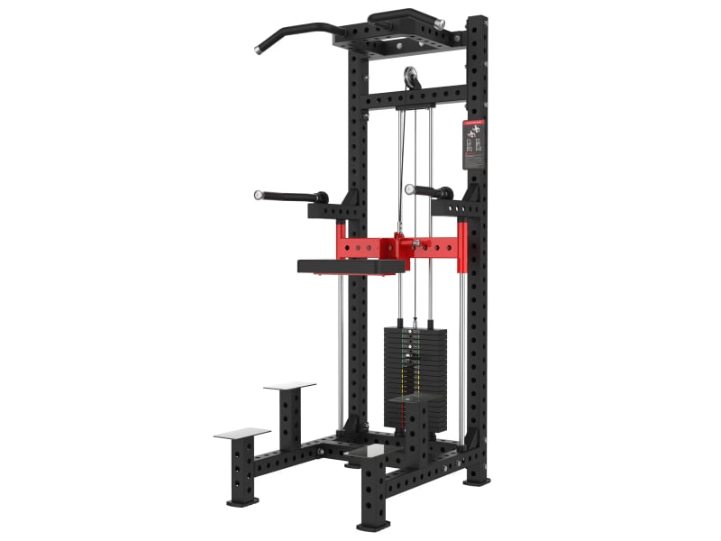 PrimePower PPF-K113 assisted chin and dip machine, black frame with red accents and weight stack PrimePower PPF-K113 assisted chin and dip machine, black frame with red accents and weight stack