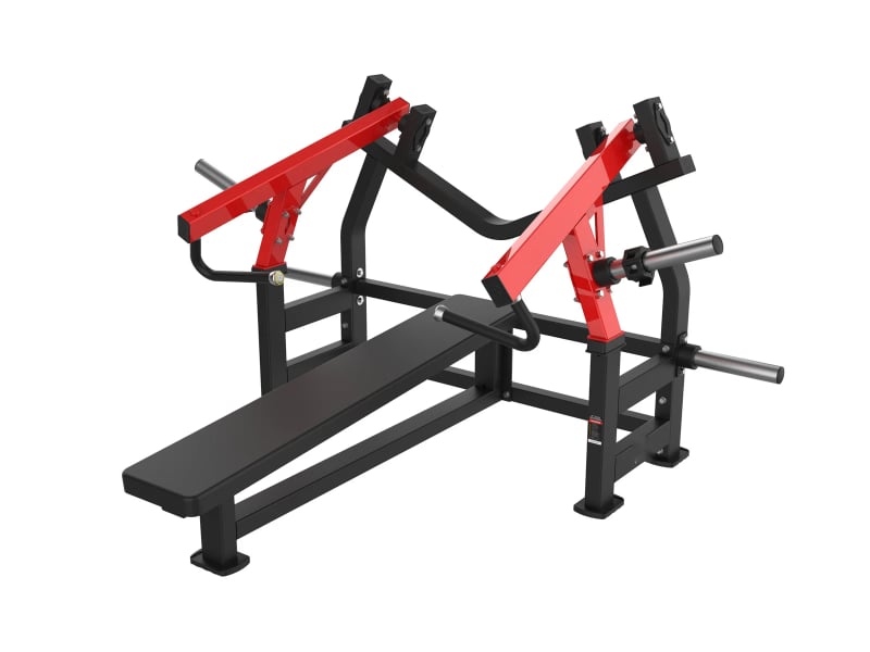 PrimePower PPF-HM91 iso-lateral bench press, flat black bench with red press arms PrimePower PPF-HM91 iso-lateral bench press, flat black bench with red press arms
