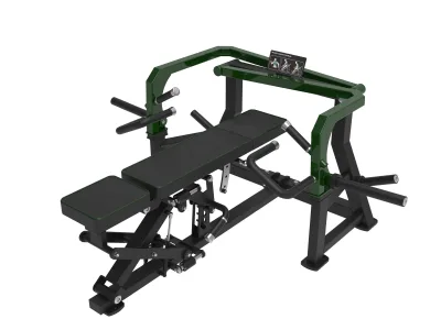 PrimePower PPF-A951 plate-loaded flat chest press, black frame, dark green accents, black upholstery PrimePower PPF-A951 plate-loaded flat chest press, black frame, dark green accents, black upholstery