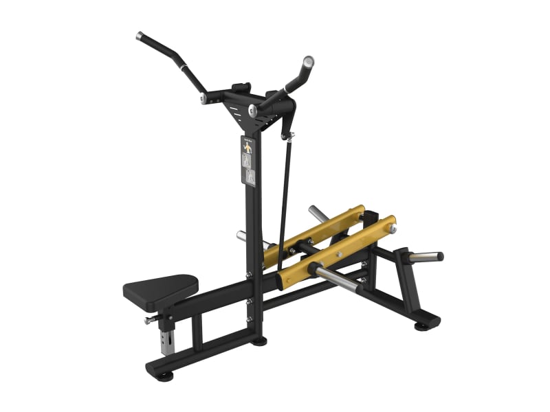 PrimePower PPF-K504 plate-loaded seated/standing chest fly, black frame, gold accents, black upholstery PrimePower PPF-K504 plate-loaded seated/standing chest fly, black frame, gold accents, black upholstery