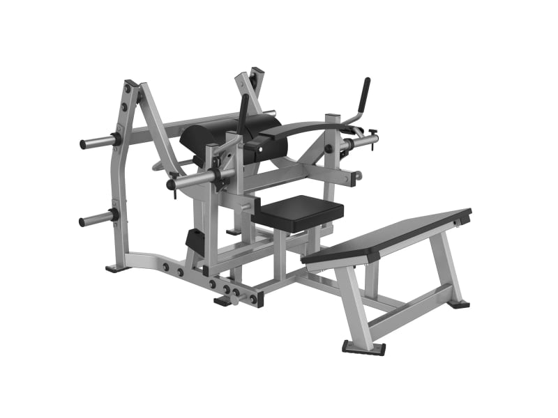 PrimePower PPF-HY68 plate-loaded hip thrust, silver-grey frame with roller hip pad and back bench PrimePower PPF-HY68 plate-loaded hip thrust, silver-grey frame with roller hip pad and back bench