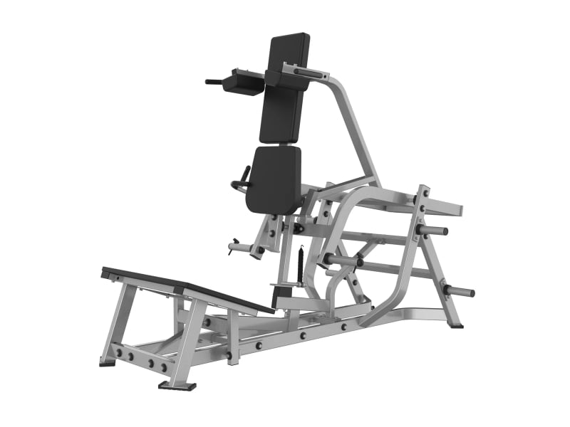 PrimePower PPF-HY66 V-squat hack squat machine, silver-grey frame with shoulder pads and platform PrimePower PPF-HY66 V-squat hack squat machine, silver-grey frame with shoulder pads and platform