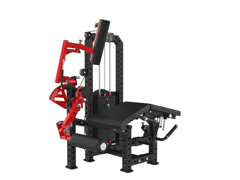 PrimePower PPF-K101 leg extension and leg curl combo, black frame, red cam-disc lever, weight stack PrimePower PPF-K101 leg extension and leg curl combo, black frame, red cam-disc lever, weight stack