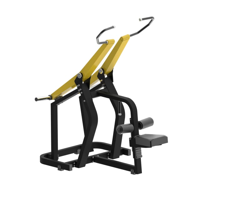 PrimePower PPF-K392 plate-loaded lat pulldown, black frame, yellow accents, dark grey upholstery PrimePower PPF-K392 plate-loaded lat pulldown, black frame, yellow accents, dark grey upholstery