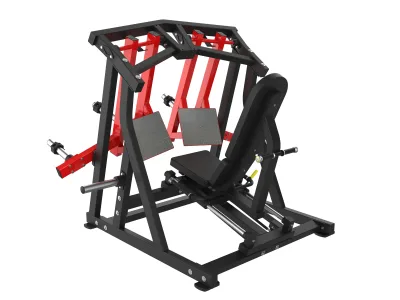 PrimePower PPF-HM105 plate-loaded iso-lateral leg press, black frame, red accents, black upholstery PrimePower PPF-HM105 plate-loaded iso-lateral leg press, black frame, red accents, black upholstery