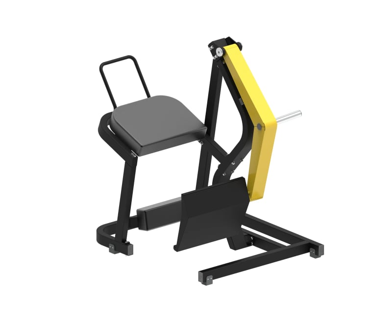 PrimePower PPF-K324 Plate-Loaded Glute Kickback, black frame, yellow accents, dark grey upholstery PrimePower PPF-K324 Plate-Loaded Glute Kickback, black frame, yellow accents, dark grey upholstery