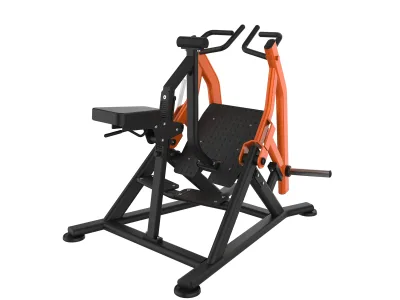 PrimePower PPF-J500-01 plate-loaded chest-supported row, black frame with orange arms and black chest pad