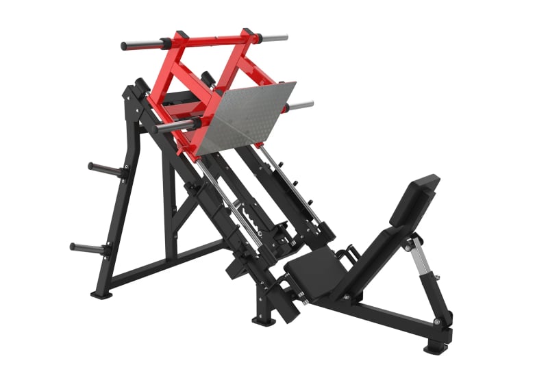 PrimePower PPF-HM56A – Plate-Loaded 45° Leg Press (Red Sled), black frame, red accents, black upholstery PrimePower PPF-HM56A – Plate-Loaded 45° Leg Press (Red Sled), black frame, red accents, black upholstery