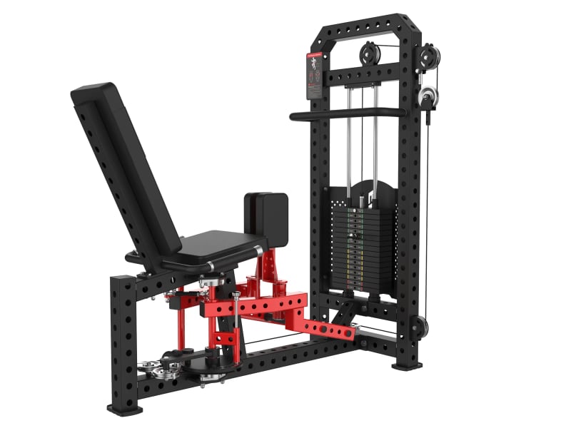 PrimePower PPF-K114 hip adduction and abduction machine, black frame with red leg arms and weight stack PrimePower PPF-K114 hip adduction and abduction machine, black frame with red leg arms and weight stack