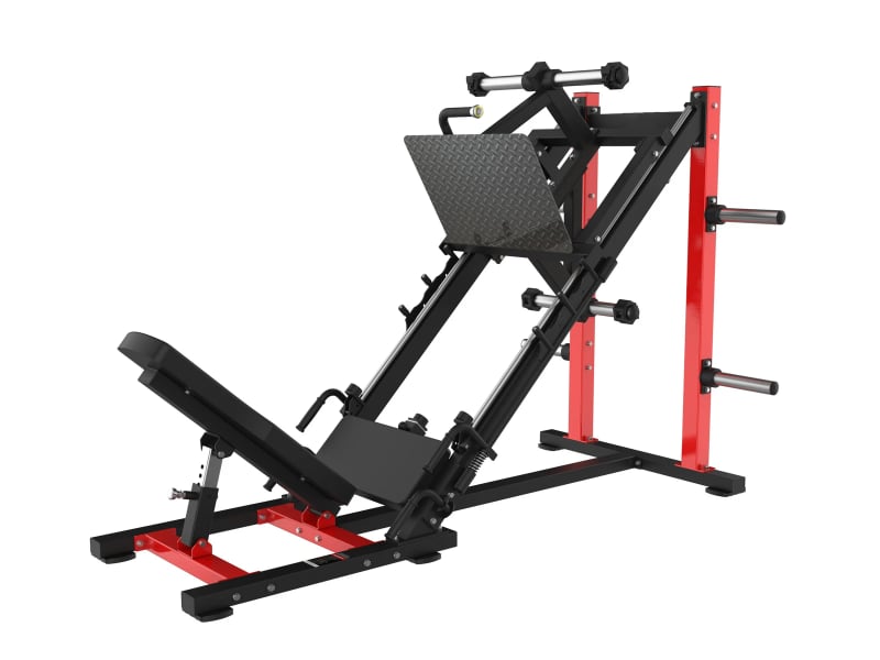 PrimePower PPF-HM56 – Plate-Loaded 45° Leg Press, black frame, red accents, black upholstery PrimePower PPF-HM56 – Plate-Loaded 45° Leg Press, black frame, red accents, black upholstery