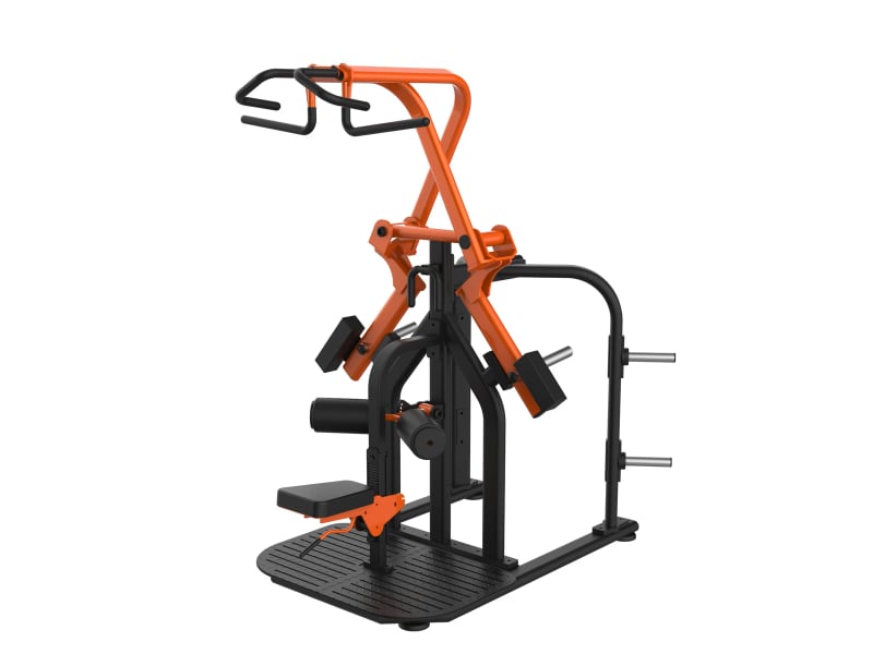 PrimePower PPF-J500-11 plate-loaded scissor lat pulldown, black frame with crossing orange arms PrimePower PPF-J500-11 plate-loaded scissor lat pulldown, black frame with crossing orange arms