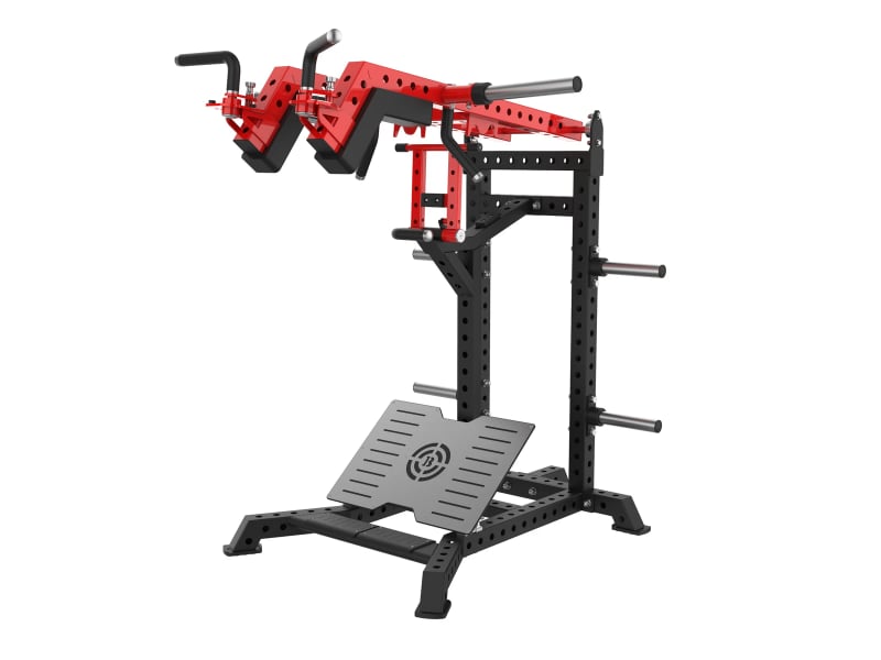 PrimePower PPF-K165 hack squat debout / épaules à disques, cadre noir, accents rouges, sellerie noire PrimePower PPF-K165 hack squat debout / épaules à disques, cadre noir, accents rouges, sellerie noire