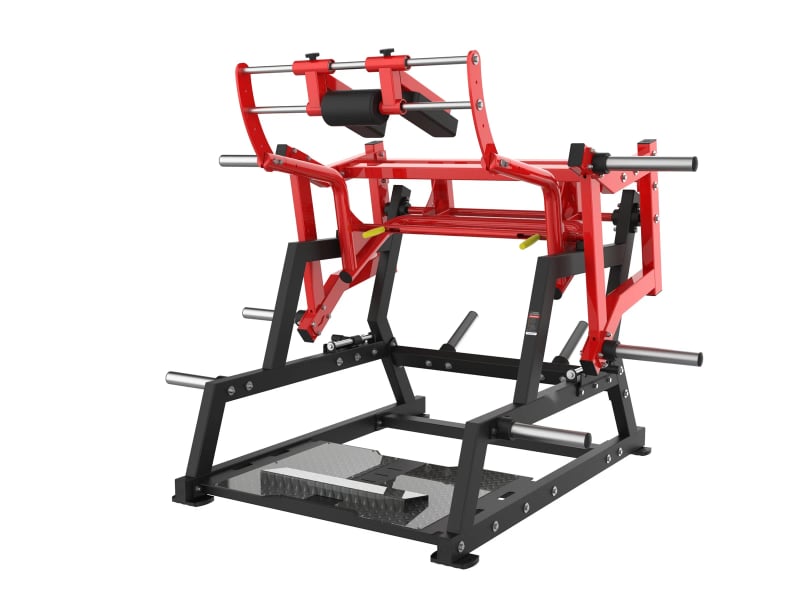 Power squat à disques PrimePower PPF-HM96, cadre noir, bras pivotant rouge et épaulières Power squat à disques PrimePower PPF-HM96, cadre noir, bras pivotant rouge et épaulières