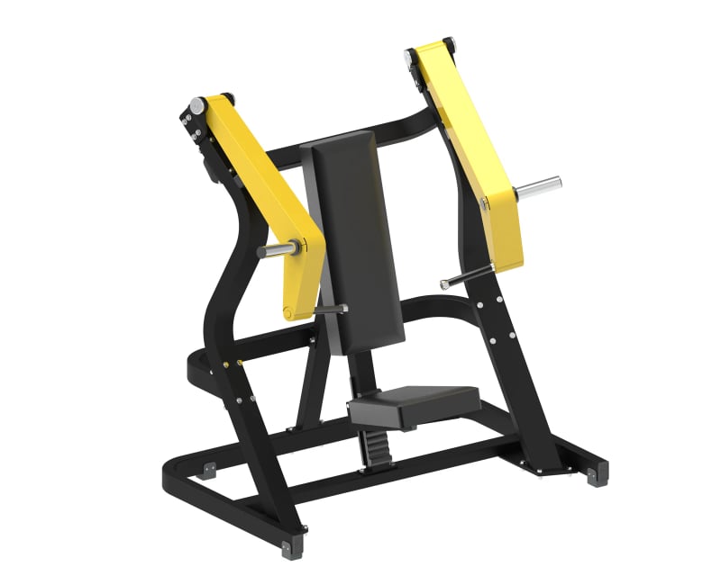 PrimePower PPF-K388 plate-loaded incline chest press, black frame, yellow accents, dark grey upholstery PrimePower PPF-K388 plate-loaded incline chest press, black frame, yellow accents, dark grey upholstery