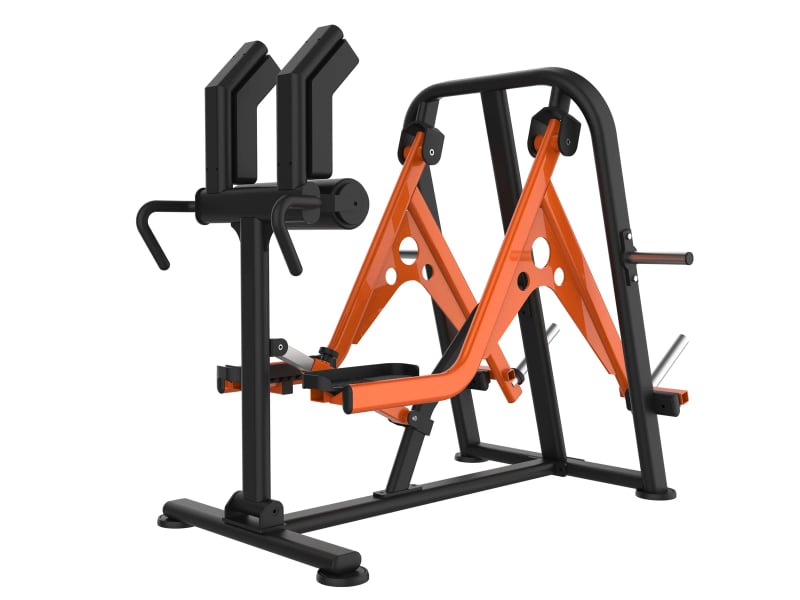 PrimePower PPF-J500-13 plate-loaded lever leg press, black frame with orange A-shaped lever arms PrimePower PPF-J500-13 plate-loaded lever leg press, black frame with orange A-shaped lever arms