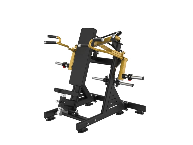 PrimePower PPF-K572 plate-loaded iso-lateral shoulder press, black frame, gold accents, black upholstery PrimePower PPF-K572 plate-loaded iso-lateral shoulder press, black frame, gold accents, black upholstery