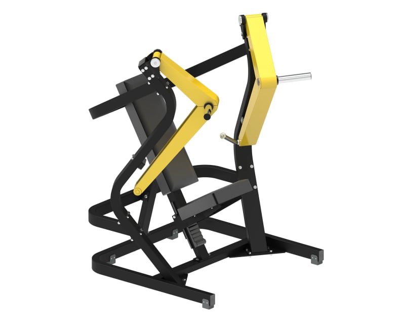 Développé décliné à disques PrimePower PPF-K390, châssis noir, accents jaunes, sellerie gris foncé Développé décliné à disques PrimePower PPF-K390, châssis noir, accents jaunes, sellerie gris foncé