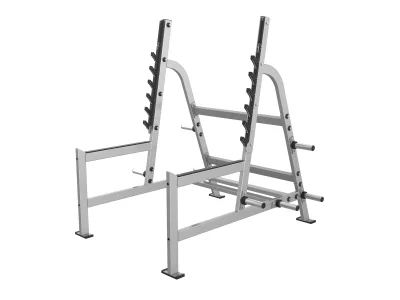 PrimePower PPF-HY48 Olympic squat rack, silver-grey frame with bar catches and spotter arms PrimePower PPF-HY48 Olympic squat rack, silver-grey frame with bar catches and spotter arms