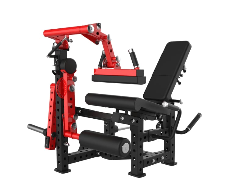 PrimePower PPF-K102 plate-loaded leg extension and leg curl combo, black frame with red lever arm PrimePower PPF-K102 plate-loaded leg extension and leg curl combo, black frame with red lever arm