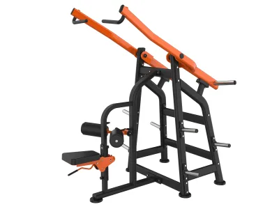 PrimePower PPF-J500-05 plate-loaded reverse-position lat pulldown, black frame with long orange arms