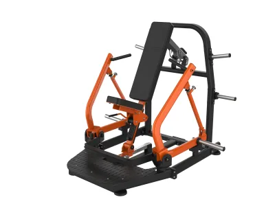PrimePower PPF-J500-06 plate-loaded seated chest press, black frame with orange press arms and platform