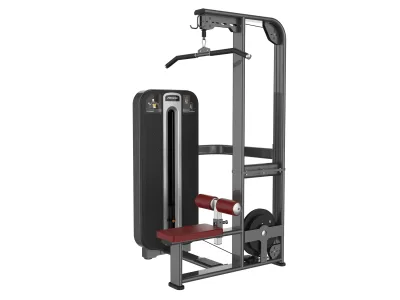 PrimePower PPF-K635 lat pulldown, gunmetal grey frame, black shroud with silver trim, burgundy upholstery PrimePower PPF-K635 lat pulldown, gunmetal grey frame, black shroud with silver trim, burgundy upholstery
