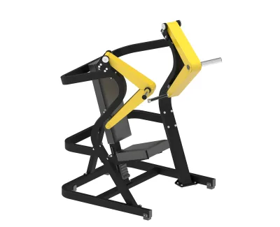 Presse pectorale assise à disques PrimePower PPF-K389, châssis noir, accents jaunes, sellerie gris foncé