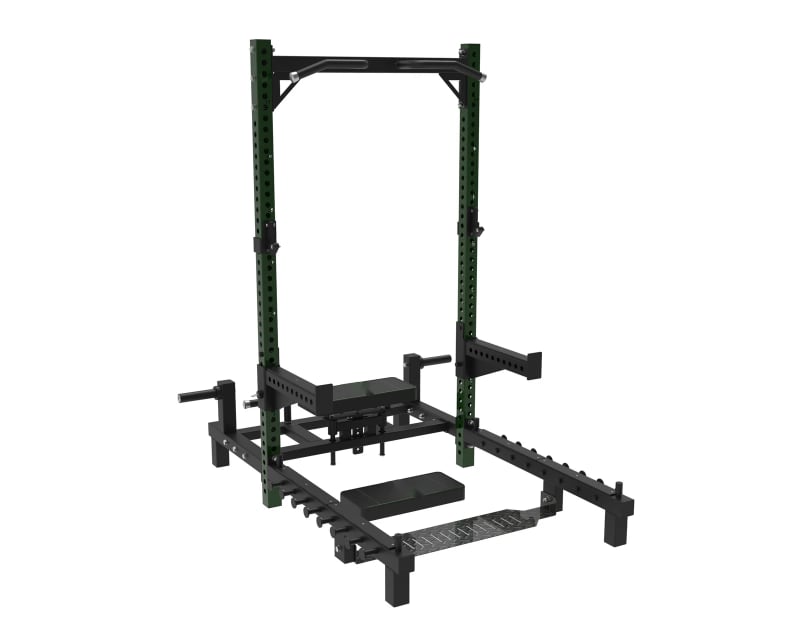 PrimePower PPF-A967 half rack with hip thrust station, black frame, dark green accents, black upholstery PrimePower PPF-A967 half rack with hip thrust station, black frame, dark green accents, black upholstery