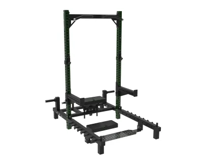 PrimePower PPF-A967 half rack with hip thrust station, black frame, dark green accents, black upholstery PrimePower PPF-A967 half rack with hip thrust station, black frame, dark green accents, black upholstery