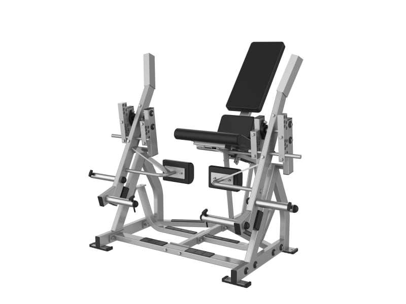 PrimePower PPF-HY76A split-arm plate-loaded leg extension, silver-grey frame with black upholstery PrimePower PPF-HY76A split-arm plate-loaded leg extension, silver-grey frame with black upholstery