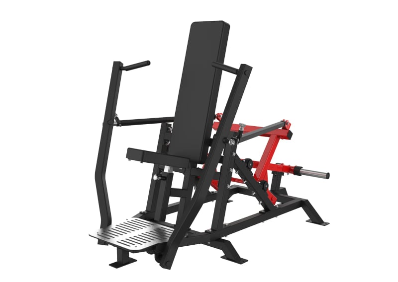 PrimePower PPF-HM116 plate-loaded seated chest press, black frame with red lever and black pads PrimePower PPF-HM116 plate-loaded seated chest press, black frame with red lever and black pads