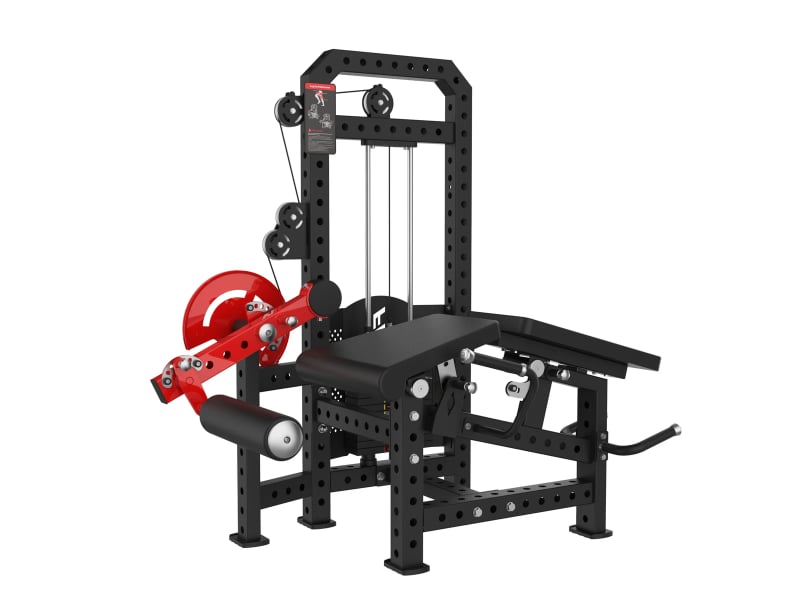 PrimePower PPF-K118 prone leg curl and leg extension combo, black frame with red cam-disc lever PrimePower PPF-K118 prone leg curl and leg extension combo, black frame with red cam-disc lever