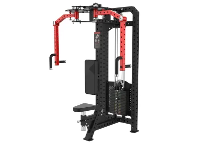 PrimePower PPF-K111 pec deck and rear delt machine, black frame with red rotating arms and weight stack PrimePower PPF-K111 pec deck and rear delt machine, black frame with red rotating arms and weight stack