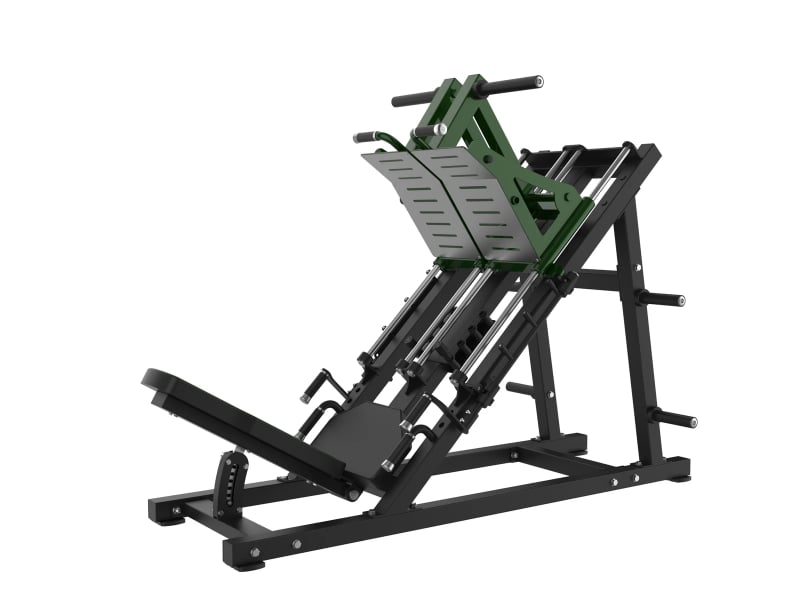 PrimePower PPF-A956 plate-loaded leg press, black frame, dark green accents, black upholstery PrimePower PPF-A956 plate-loaded leg press, black frame, dark green accents, black upholstery