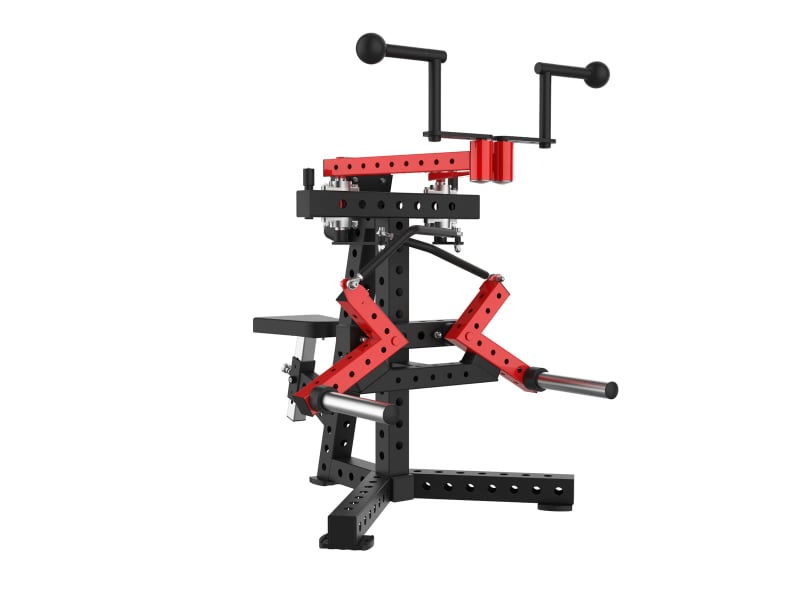 PrimePower PPF-K107 plate-loaded reverse fly rear delt machine, black frame with red X-shaped arms PrimePower PPF-K107 plate-loaded reverse fly rear delt machine, black frame with red X-shaped arms