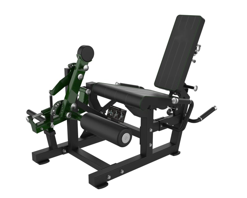 PrimePower PPF-A986 leg extension / leg curl à disques, châssis noir, accents vert foncé, sellerie noire PrimePower PPF-A986 leg extension / leg curl à disques, châssis noir, accents vert foncé, sellerie noire