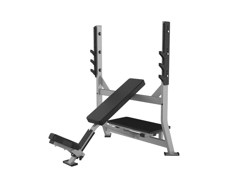 PrimePower PPF-HY42 Olympic incline bench, silver-grey frame with bar catches and spotter platform PrimePower PPF-HY42 Olympic incline bench, silver-grey frame with bar catches and spotter platform